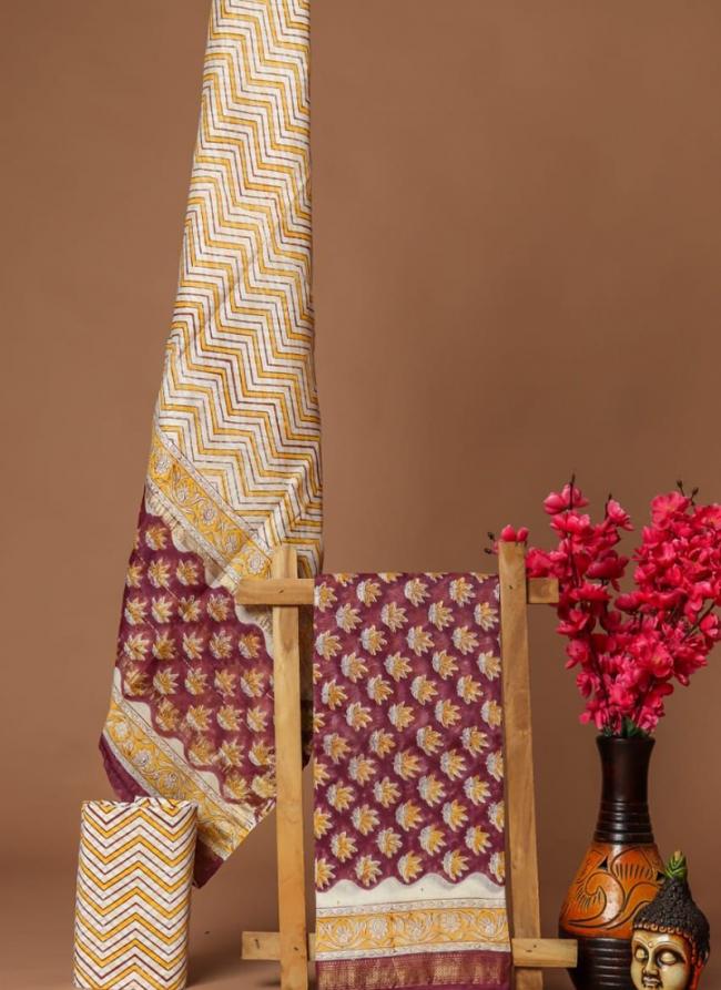 Maheshwari Silk Purple Festival Wear Block Printed Dress Material